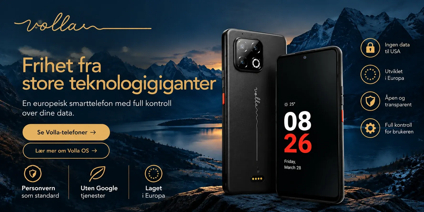Volla Phone Plinius Plus i fjellandskap. Frihet fra store teknologigiganter. Ingen data til USA, utviklet i Europa, åpen og transparent, full kontroll for brukeren.